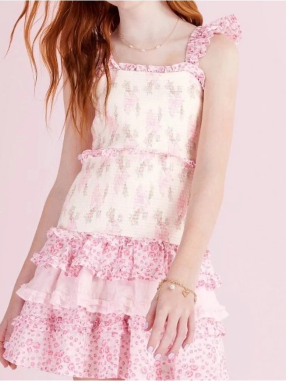 LoveShackFancy Pink and Cream Floral Ruffle Dress